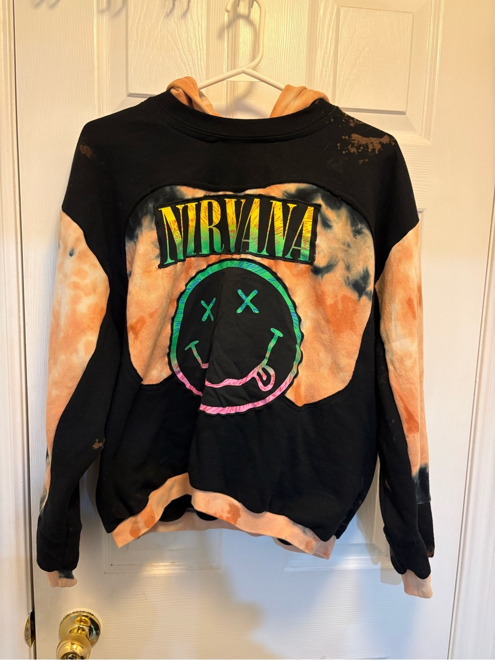 Handmade NIRVANA Black Hoodie with Orange Tie-Dye and Multicolor Logo